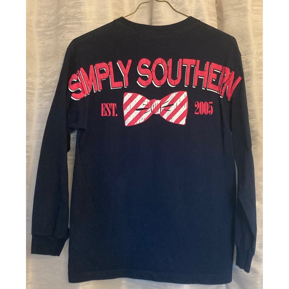 Simply Southern Long Sleeve T‎ Shirt Women's Medium Navy Blue Graphic Bow